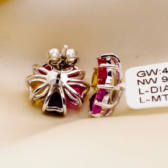 925 Silver Geometric Multi-Color Earrings | 6.61 CT Lab Sapphire+0.13 CT Diamond - Picture 2 of 11